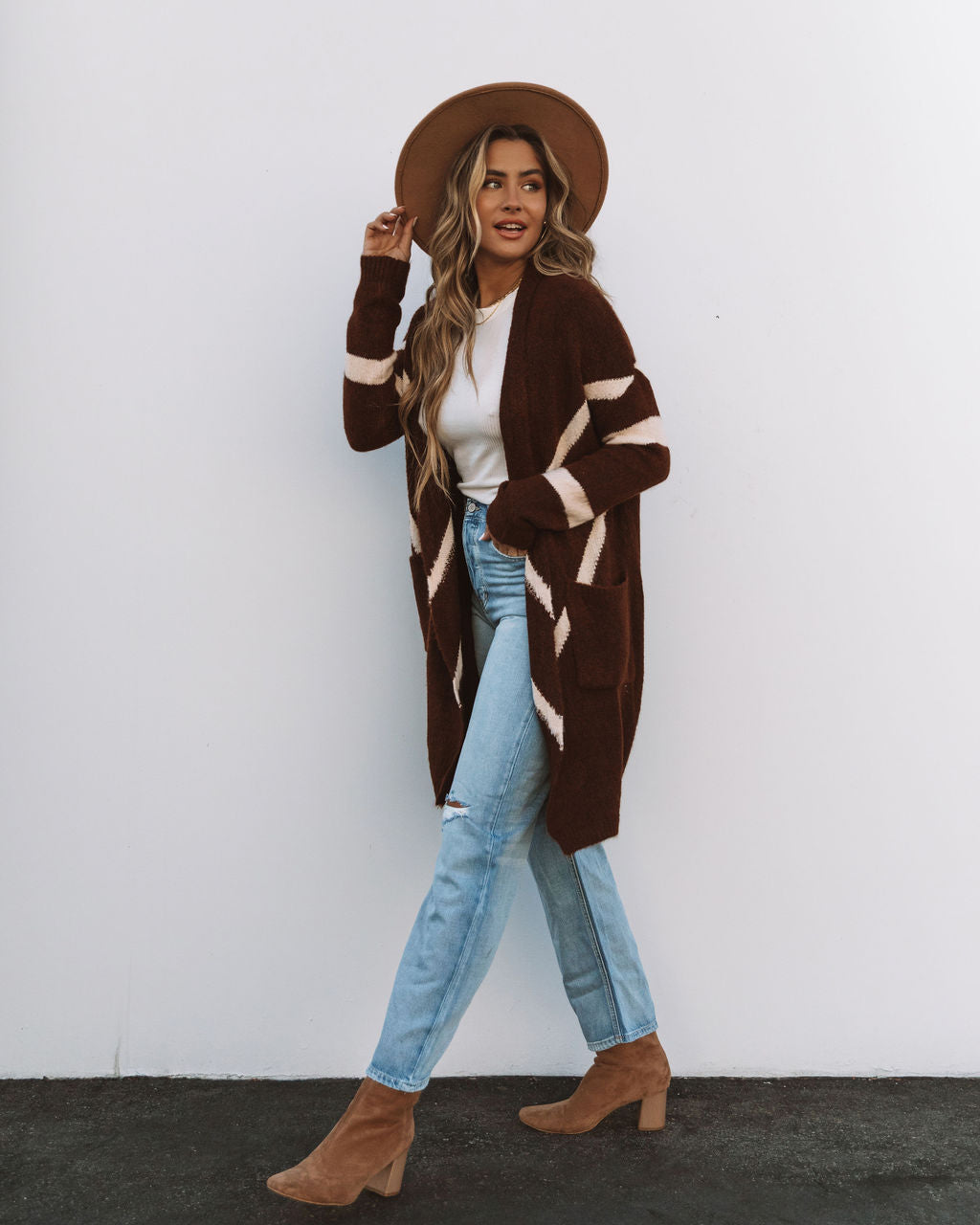 Mocha Java Pocketed Chevron Cardigan - Brown Ivory
