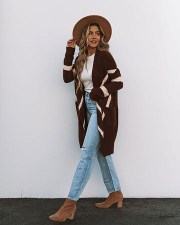 Mocha Java Pocketed Chevron Cardigan - Brown Ivory