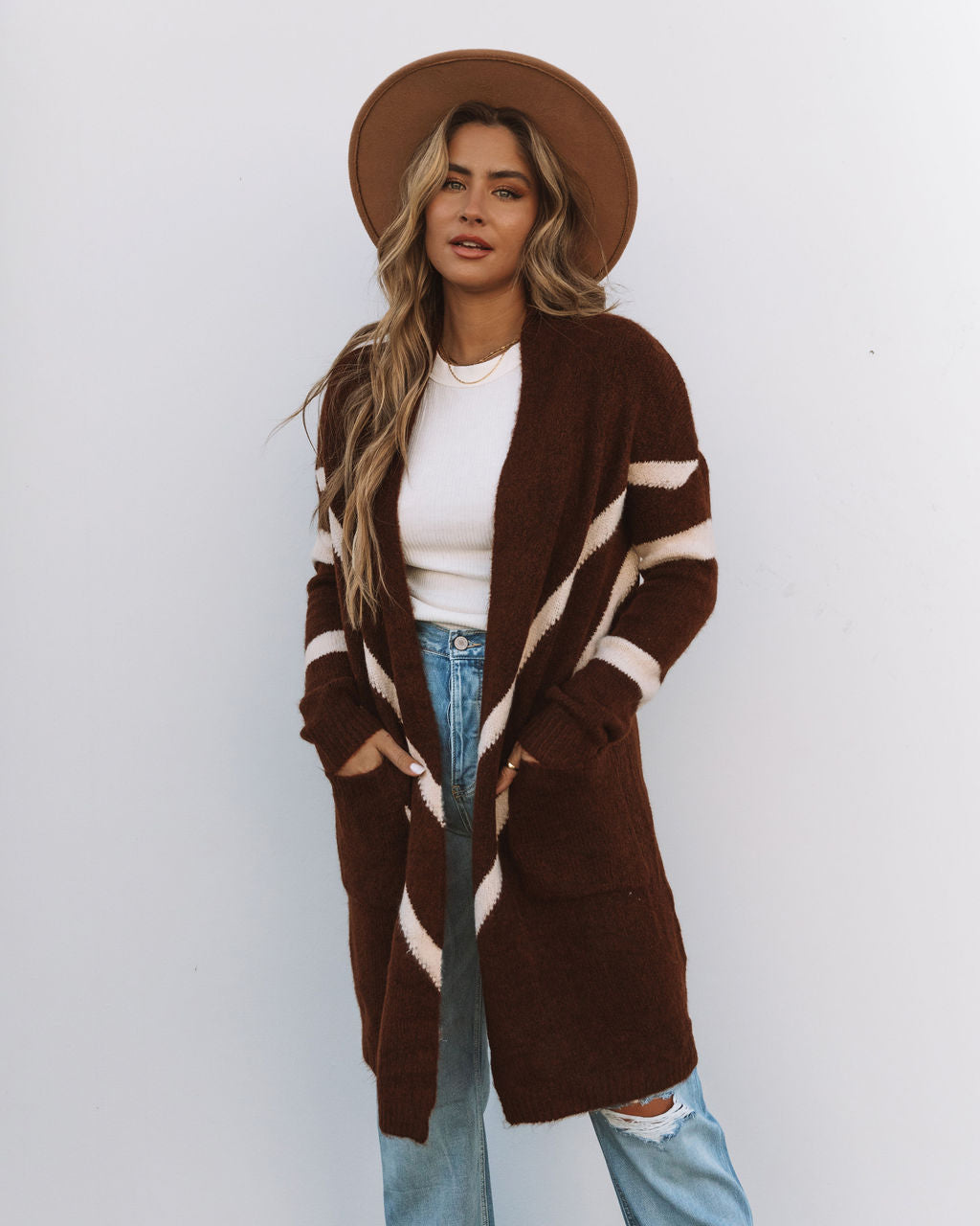 Mocha Java Pocketed Chevron Cardigan - Brown Ivory