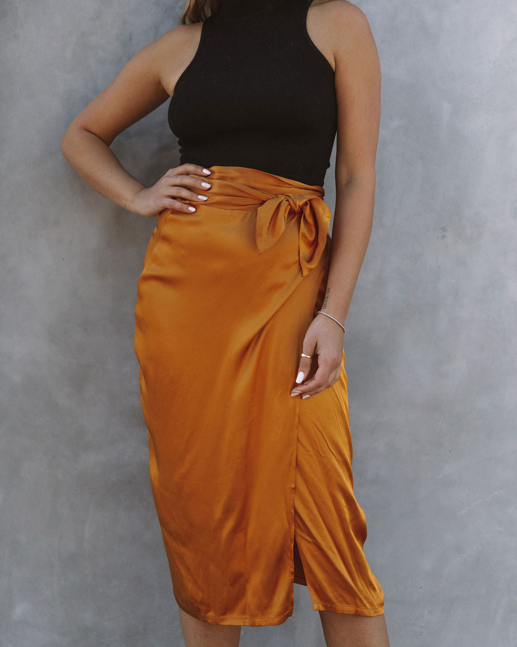 Lottie Satin Wrap Midi Skirt - Golden Amber