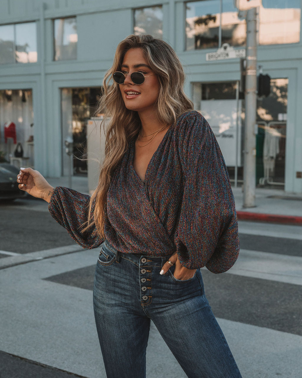 Shimmer And Sway Balloon Sleeve Drape Bodysuit