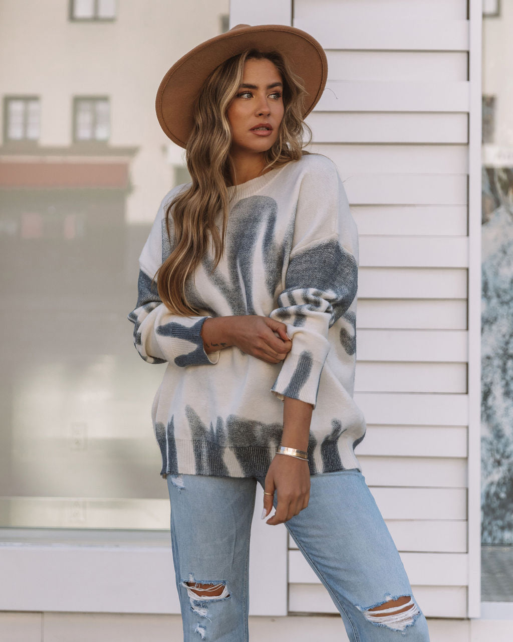 Graffiti Relaxed Knit Sweater - Blue