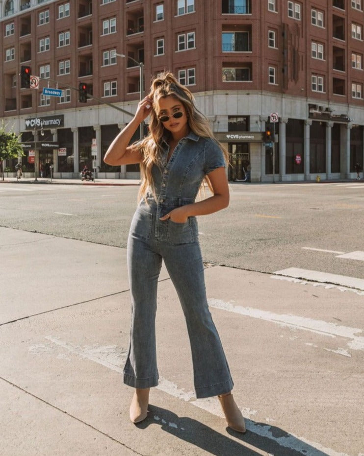 Longmont Pocketed Flared Denim Jumpsuit