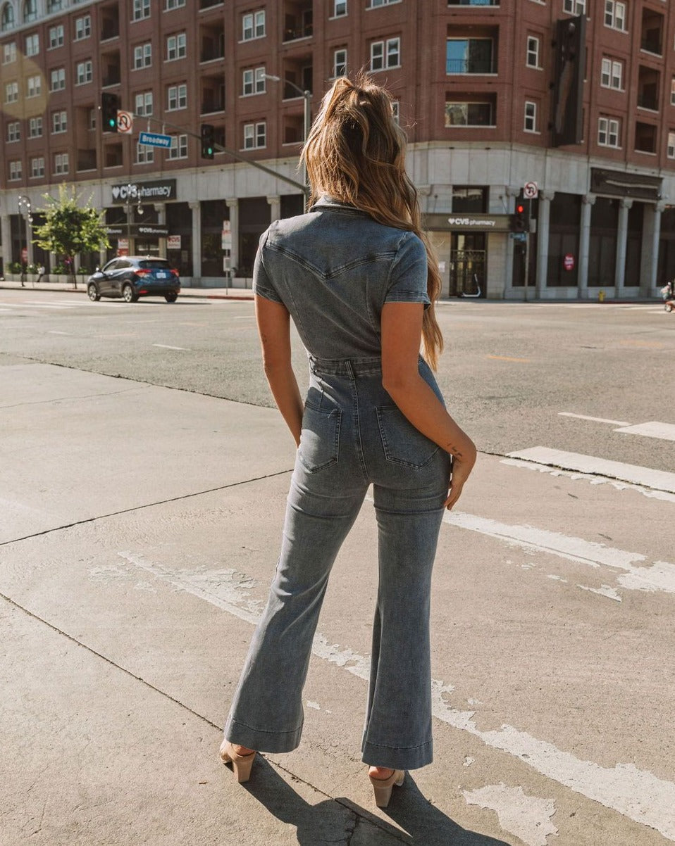 Longmont Pocketed Flared Denim Jumpsuit