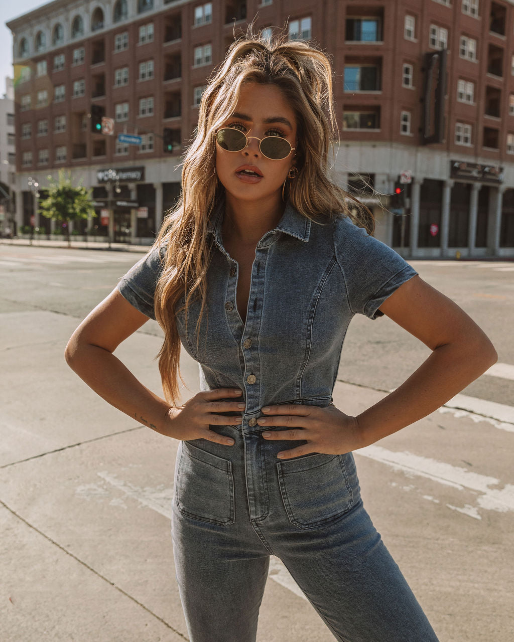 Longmont Pocketed Flared Denim Jumpsuit