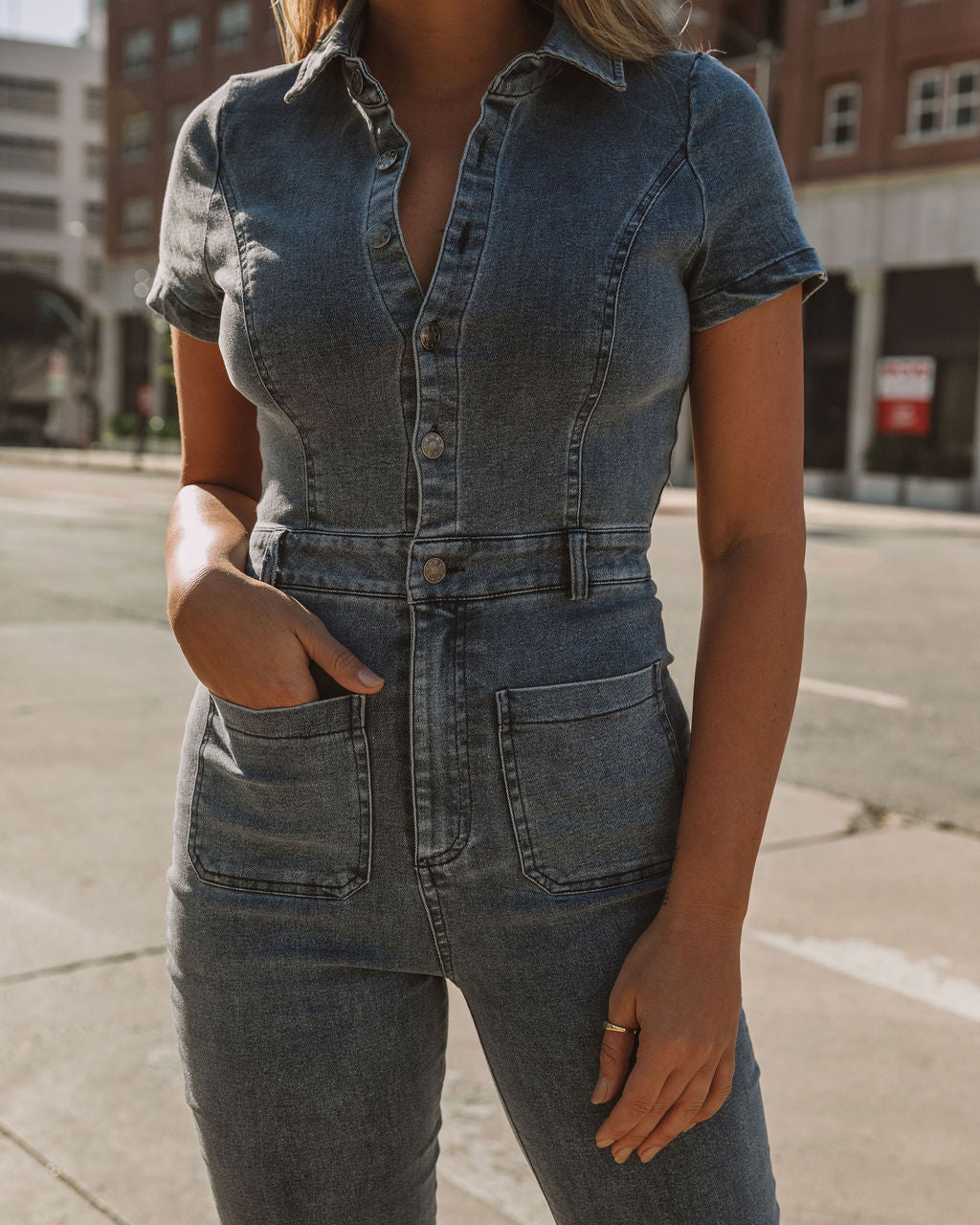 Longmont Pocketed Flared Denim Jumpsuit