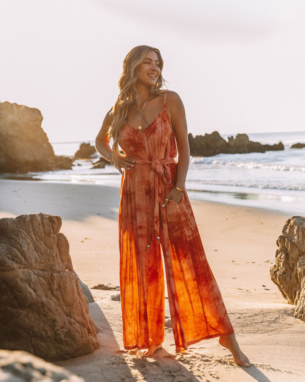 Rosally Pocketed Tie Dye Jumpsuit - Rust