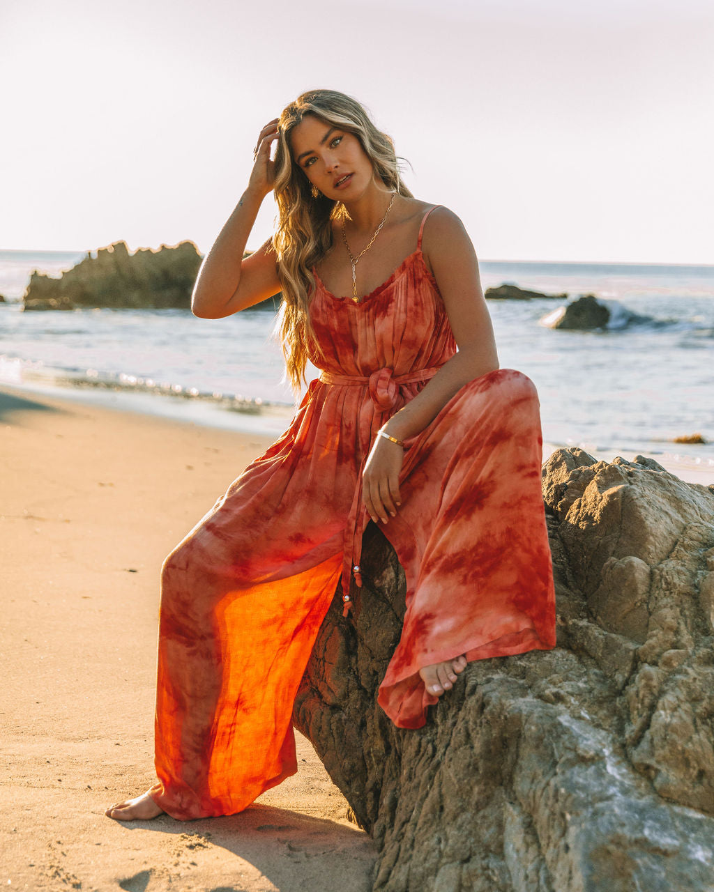 Rosally Pocketed Tie Dye Jumpsuit - Rust
