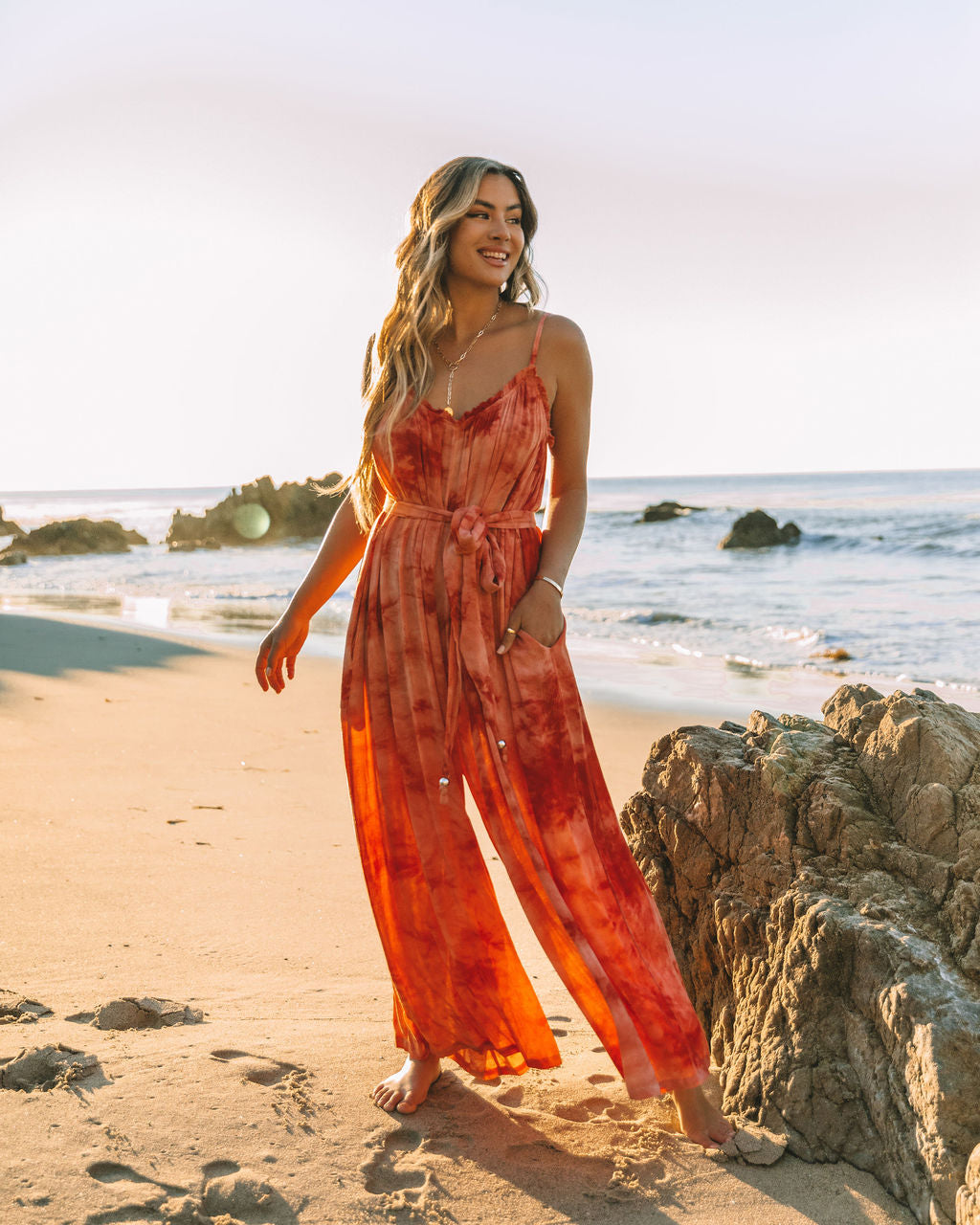 Rosally Pocketed Tie Dye Jumpsuit - Rust