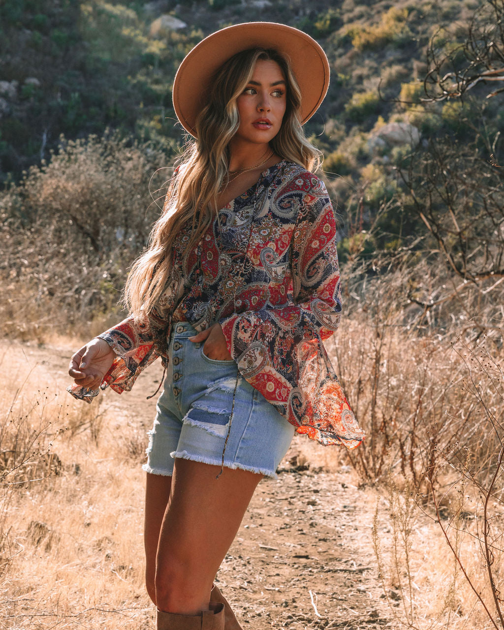 Rosalina Paisley Print Bell Sleeve Blouse