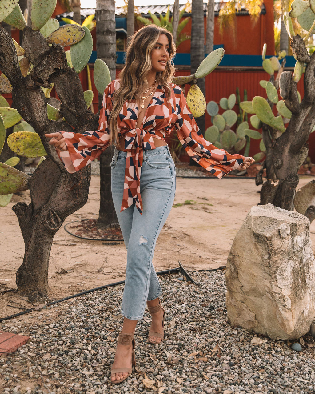 Ovie Printed Satin Tie Front Crop Blouse