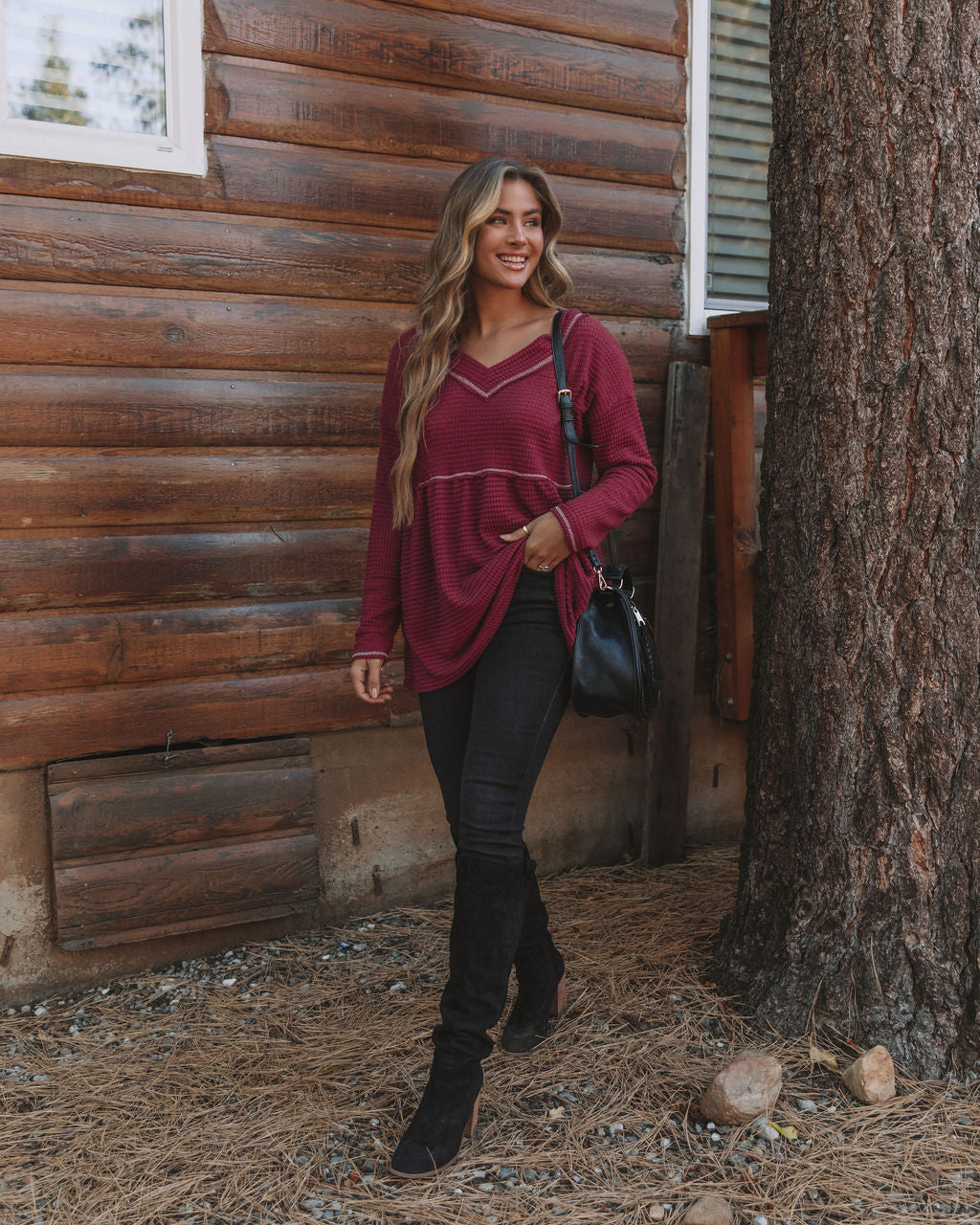 Larsa Thermal V-Neck Peplum Top - Wine