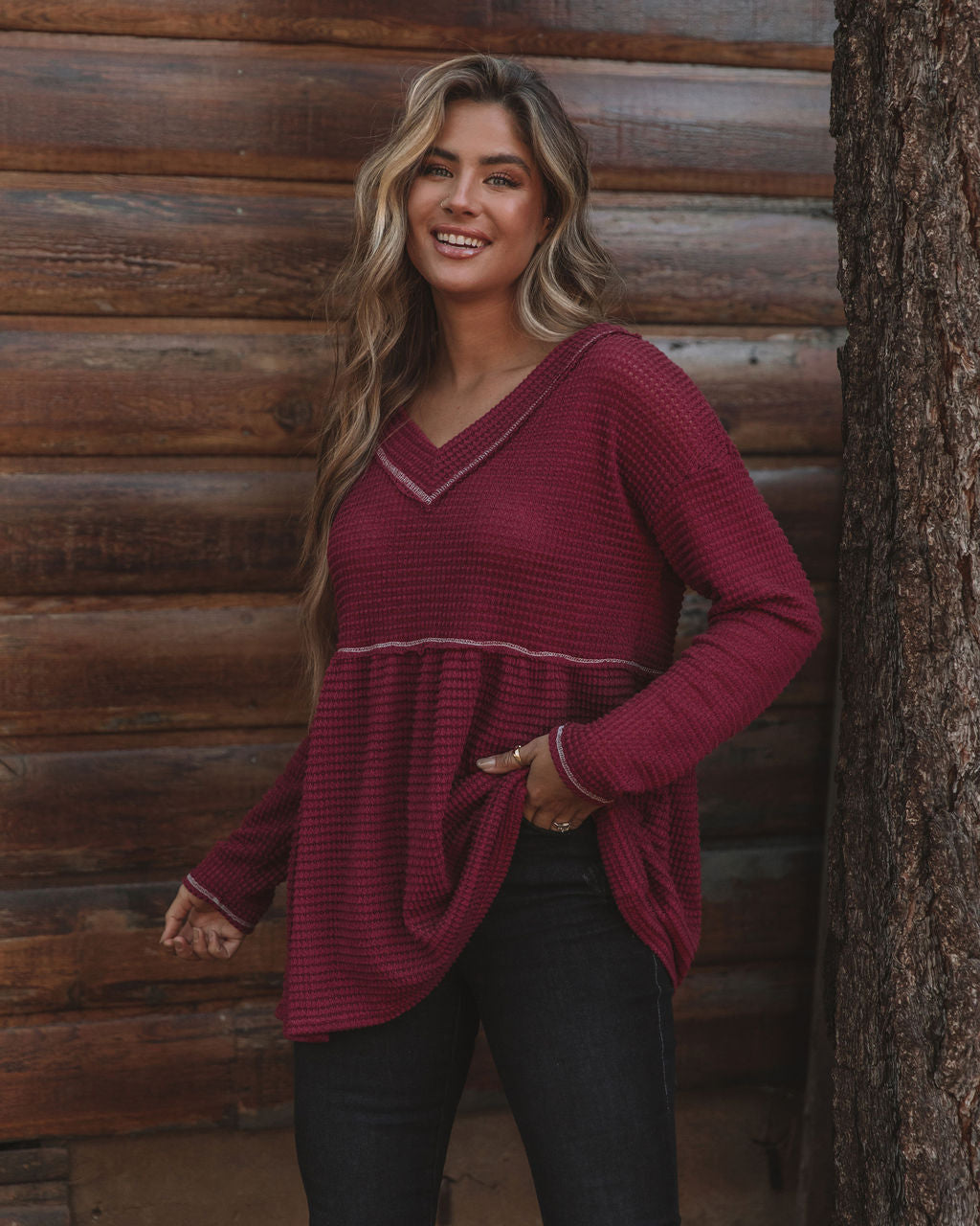 Larsa Thermal V-Neck Peplum Top - Wine