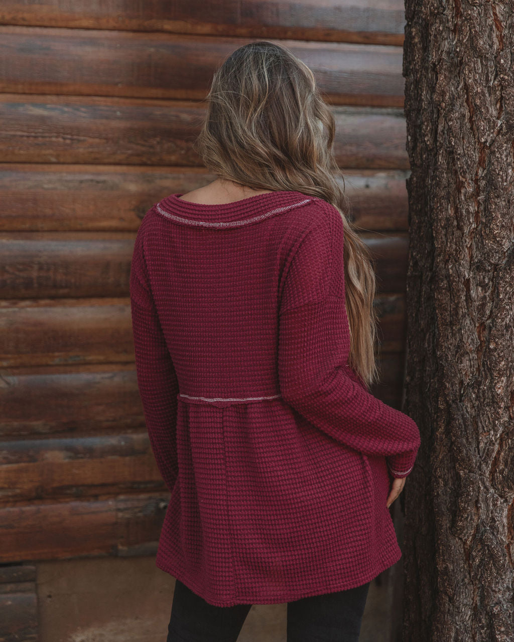 Larsa Thermal V-Neck Peplum Top - Wine