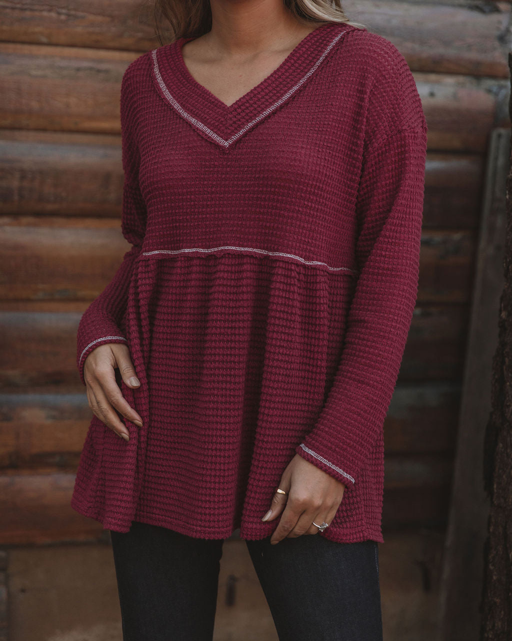 Larsa Thermal V-Neck Peplum Top - Wine