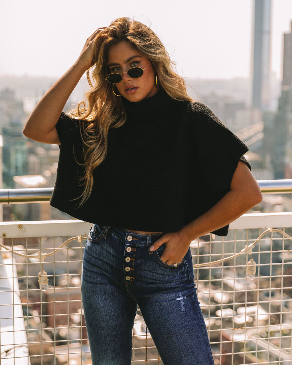 Riya Cropped Turtleneck Poncho Sweater - Black