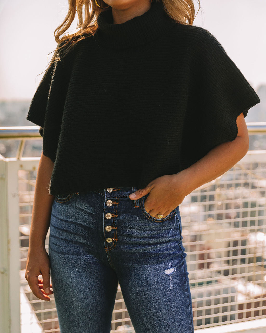 Riya Cropped Turtleneck Poncho Sweater - Black