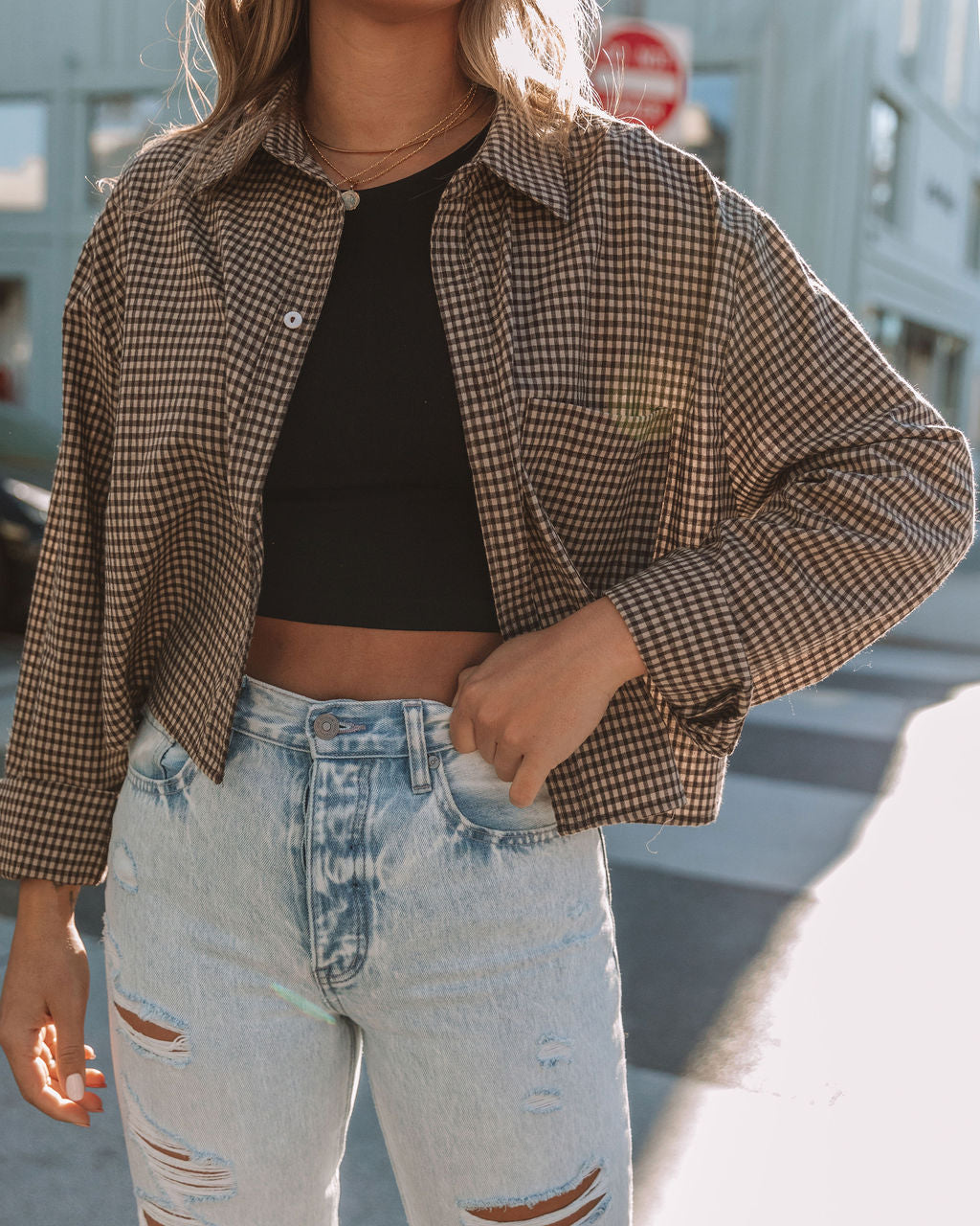 Noella Cotton Checkered Button Down Crop Top