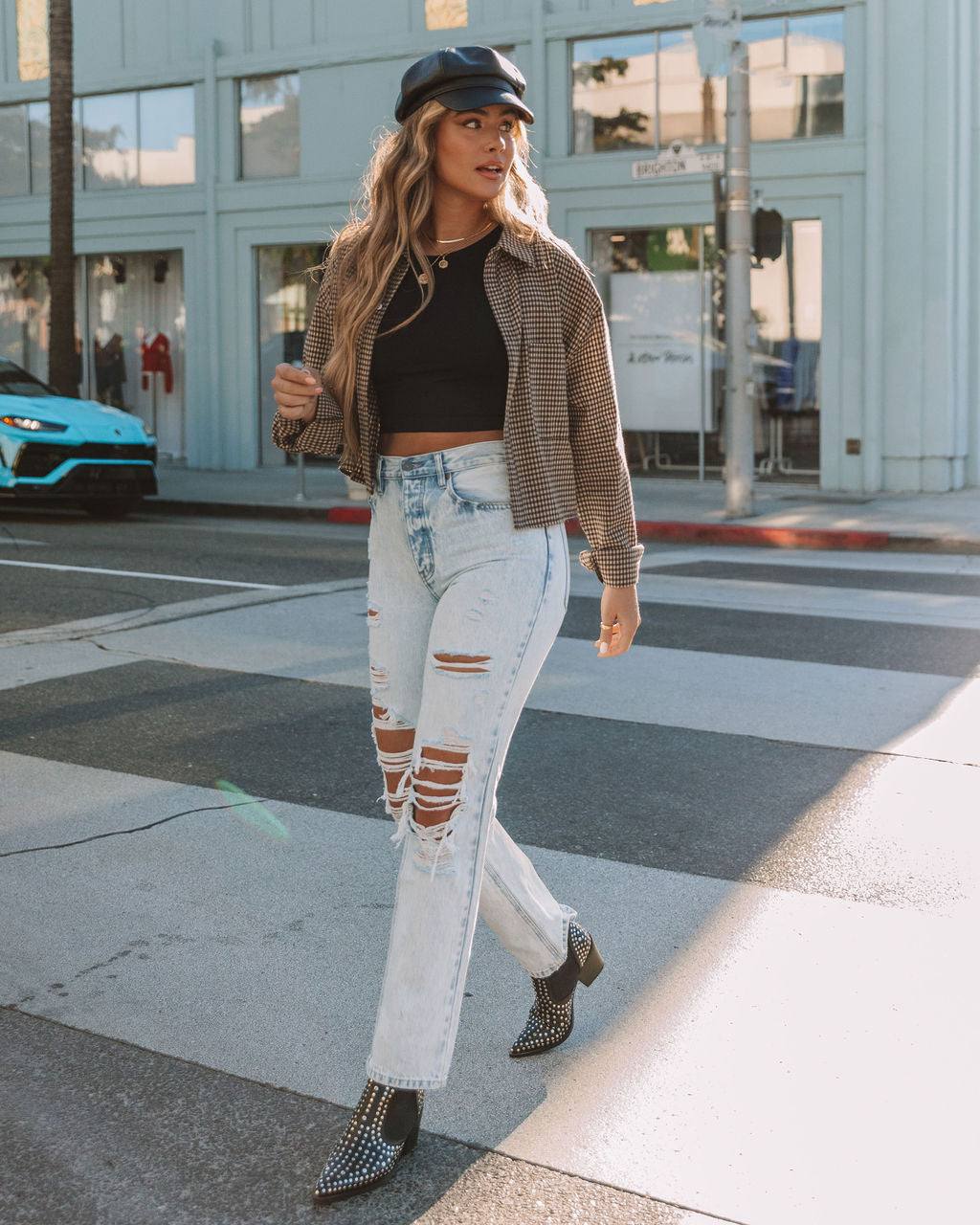 Noella Cotton Checkered Button Down Crop Top