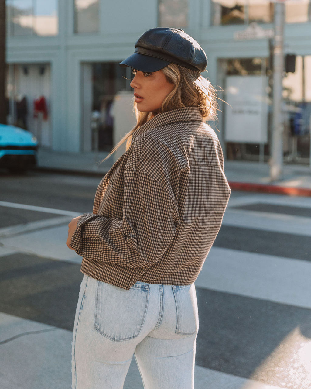 Noella Cotton Checkered Button Down Crop Top