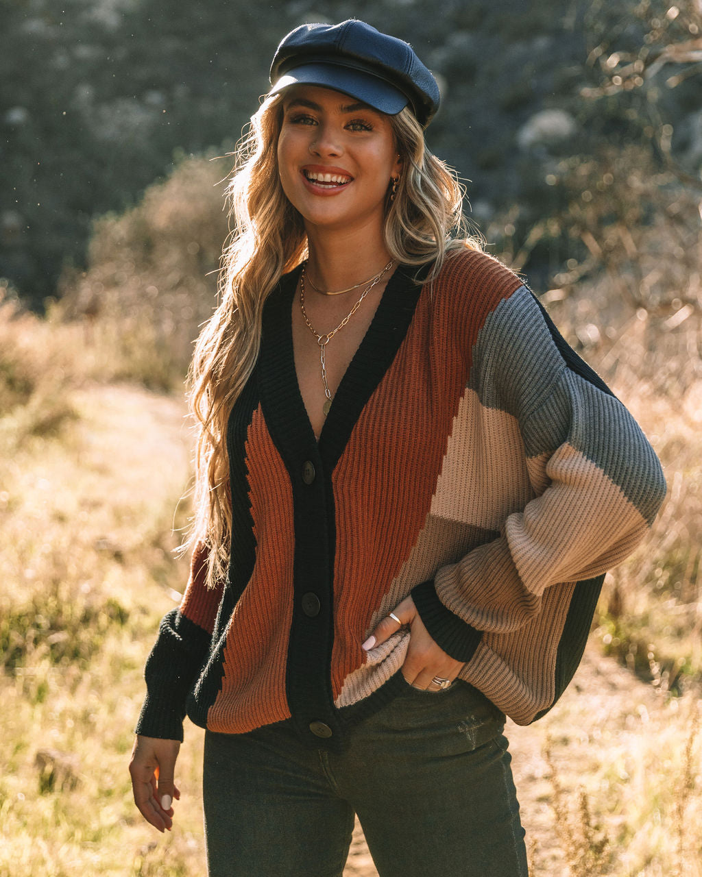 Glee Button Front Colorblock Cardigan - Black Multi