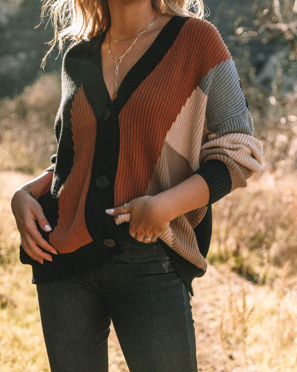 Glee Button Front Colorblock Cardigan - Black Multi