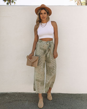 Geneve Pocketed Paisley Tie Pants - Sage