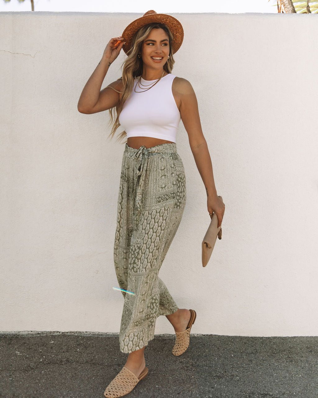 Geneve Pocketed Paisley Tie Pants - Sage