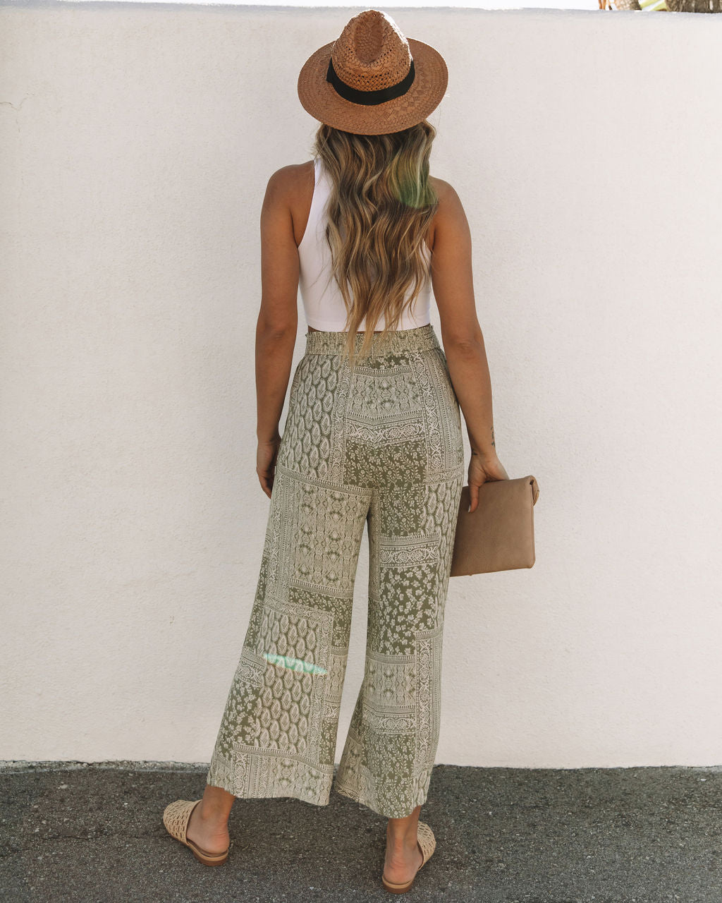 Geneve Pocketed Paisley Tie Pants - Sage