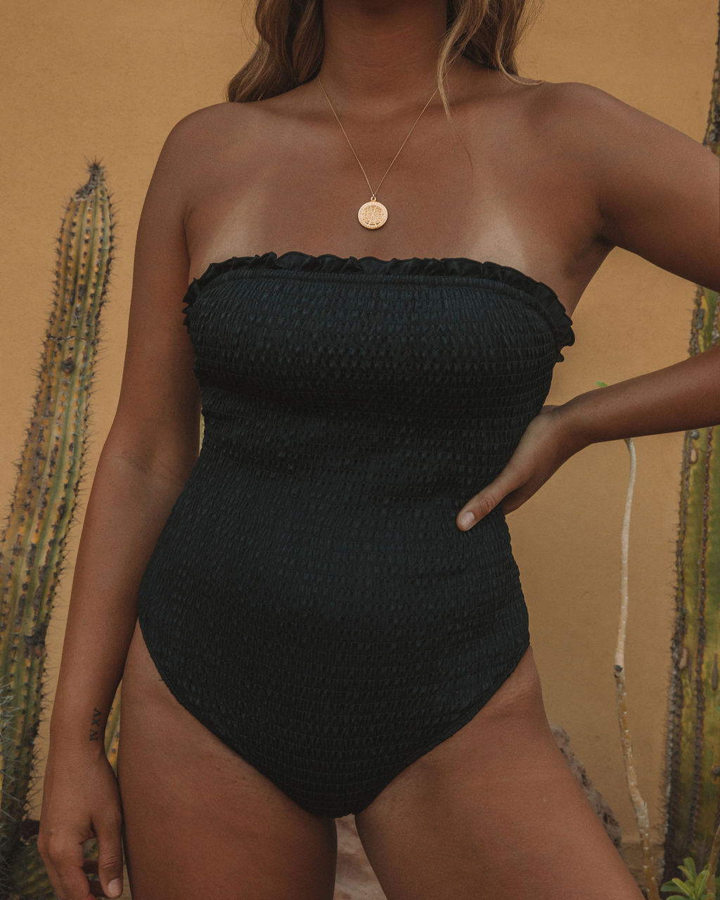 Olympia Smocked Strapless One Piece - Black