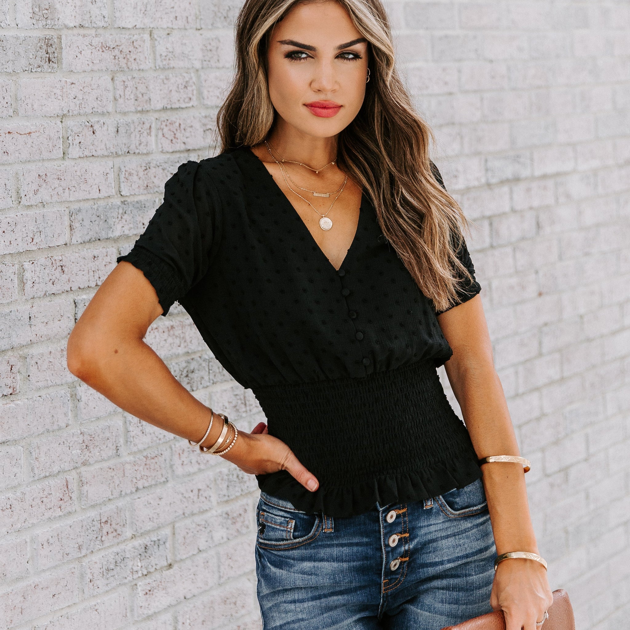 Nostalgia Smocked Swiss Dot Top - Black