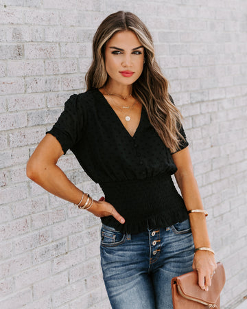 Nostalgia Smocked Swiss Dot Top - Black