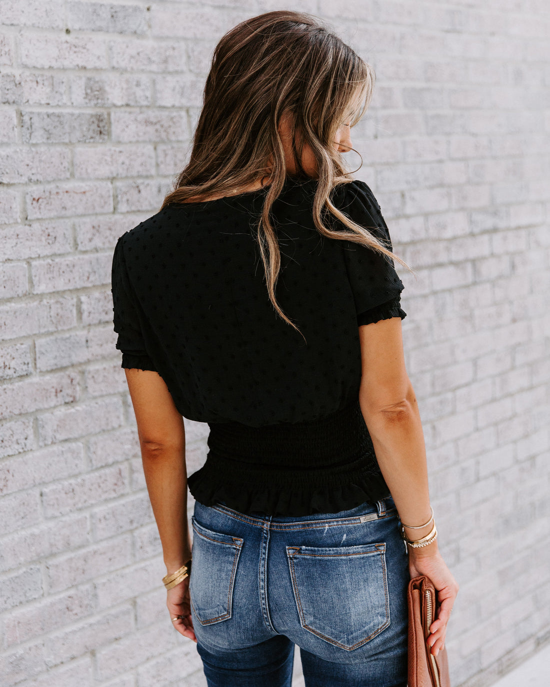 Nostalgia Smocked Swiss Dot Top - Black