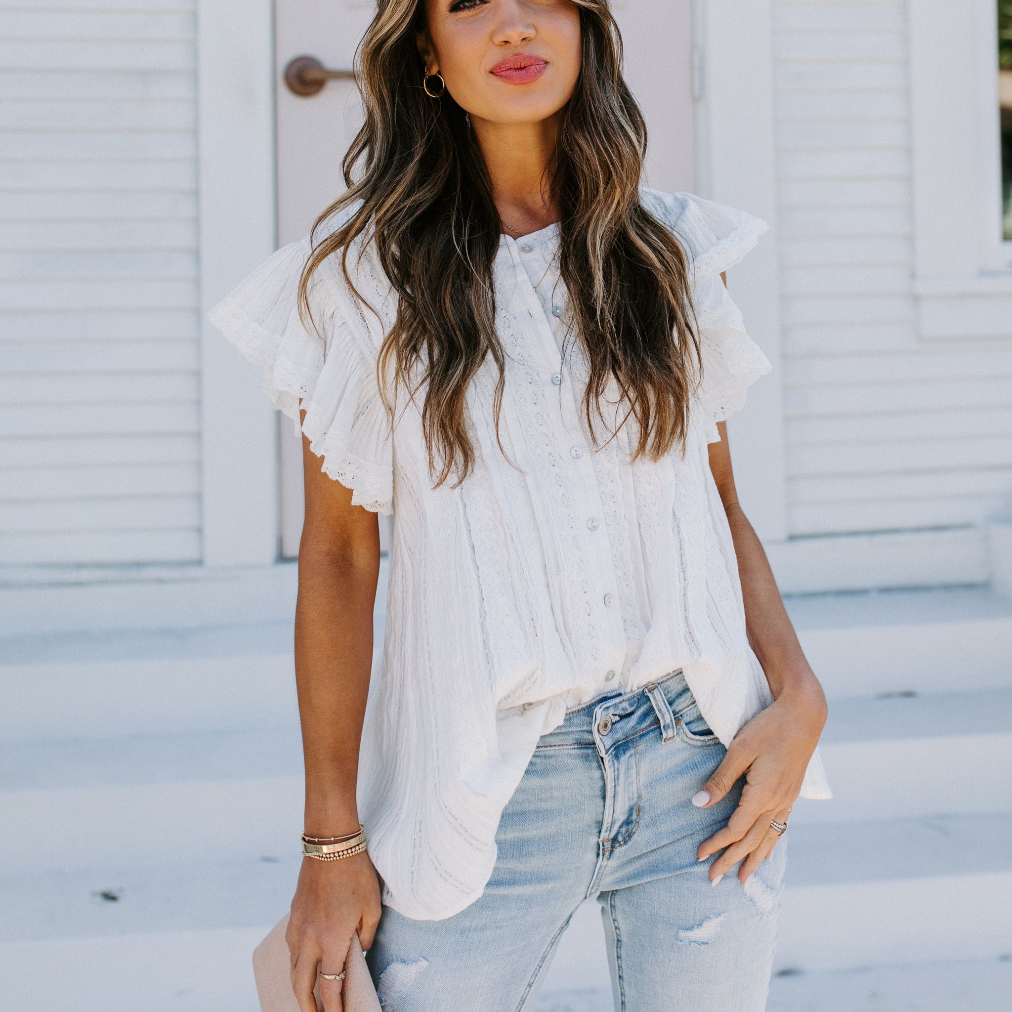 Narcissus Cotton Lace Button Down Top