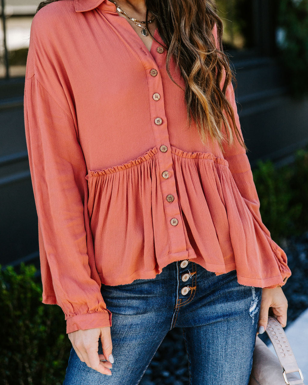 Grady Collared Button Down Peplum Top - Ginger