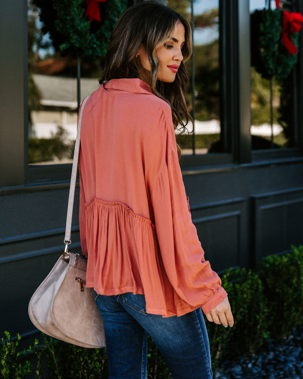 Grady Collared Button Down Peplum Top - Ginger