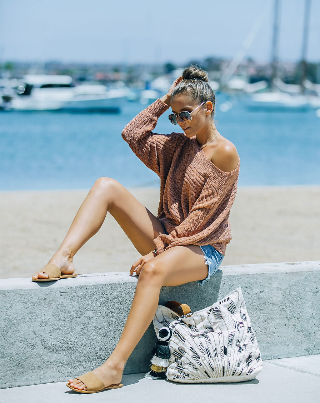 Laurence Ribbed Off The Shoulder Knit Sweater - Tan