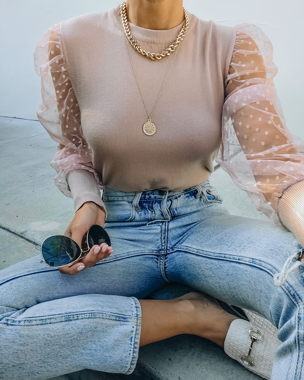 Lots Of Love Contrast Polka Dot Sleeve Knit Top - Mauve