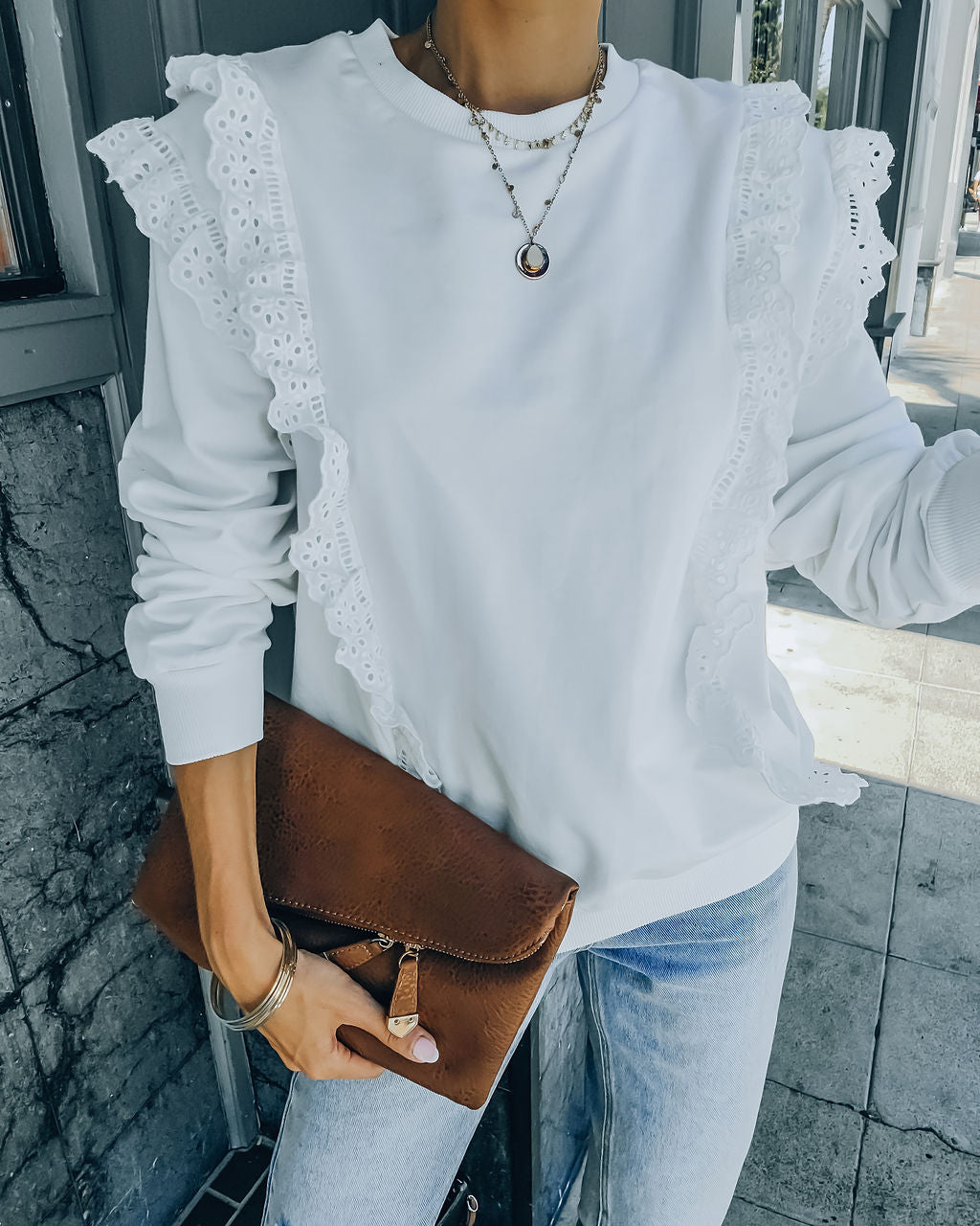 Murrieta Eyelet Trim Pullover - White