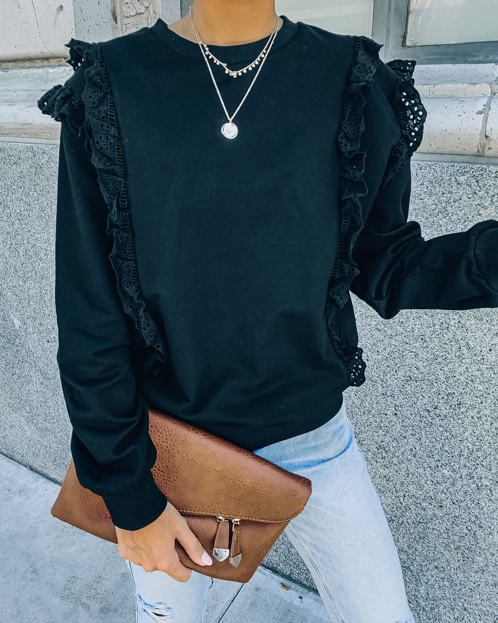 Murrieta Eyelet Trim Pullover - Black