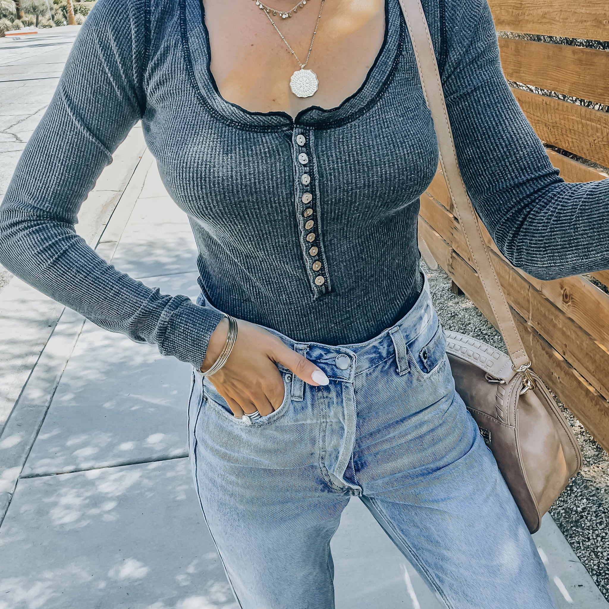 Maxton Thermal Henley Bodysuit - Washed Black