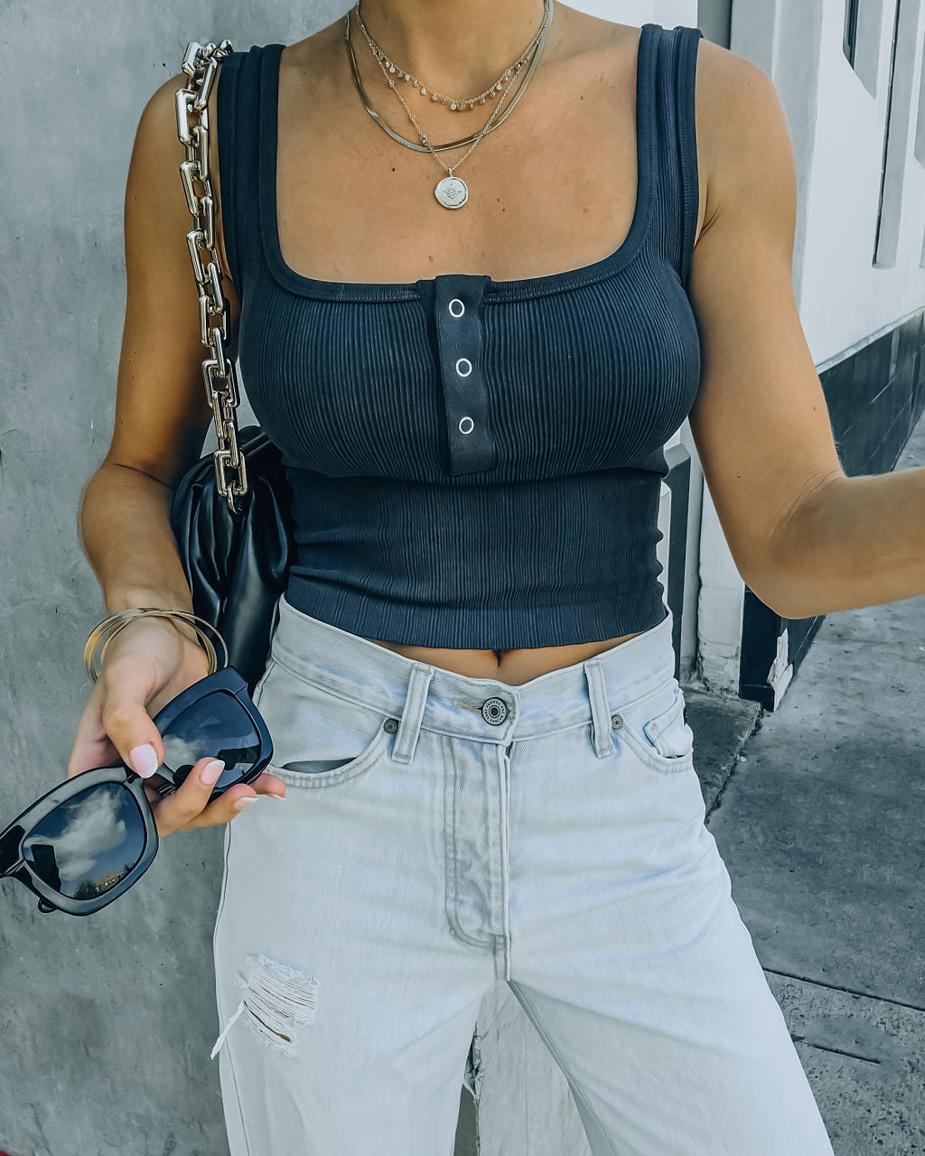 Selina Henley Crop Tank - Washed Black