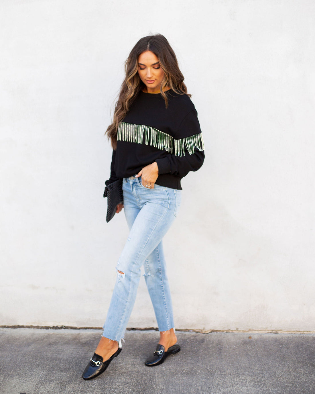 Perform Rhinestone Fringe Knit Sweater