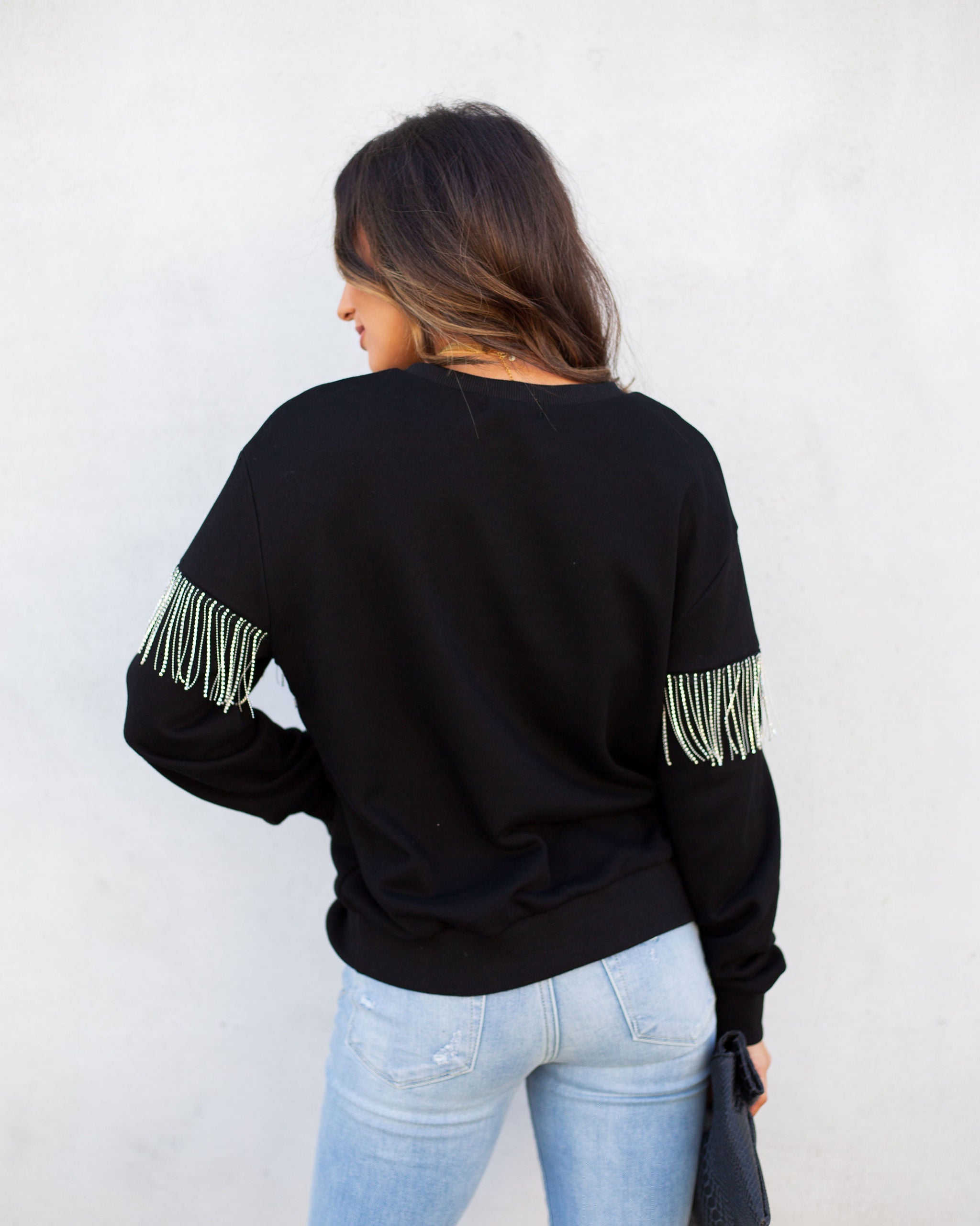 Perform Rhinestone Fringe Knit Sweater