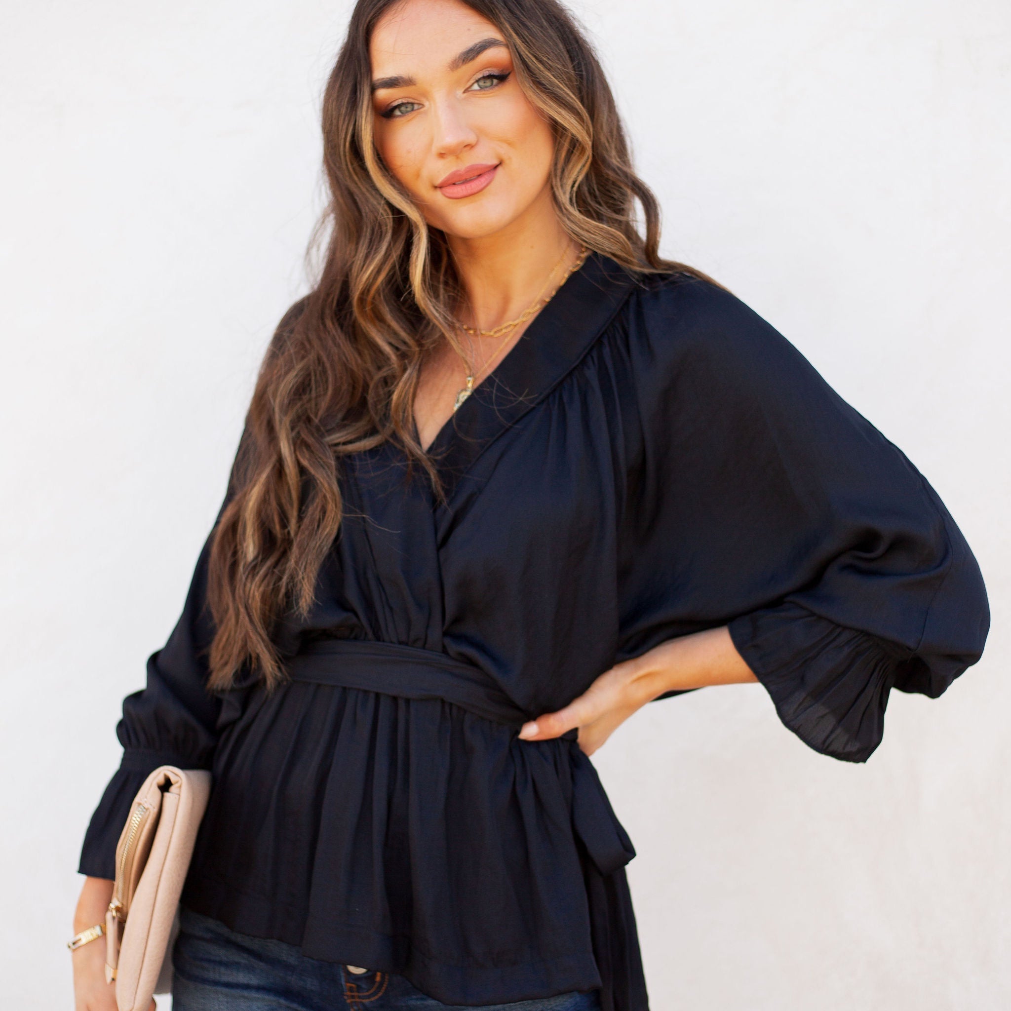 Manners Statement Sleeve Drape Blouse - Washed Black