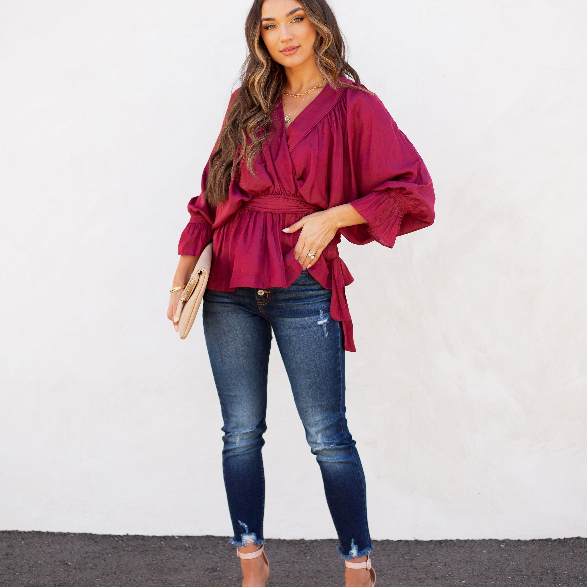 Manners Statement Sleeve Drape Blouse - Wine