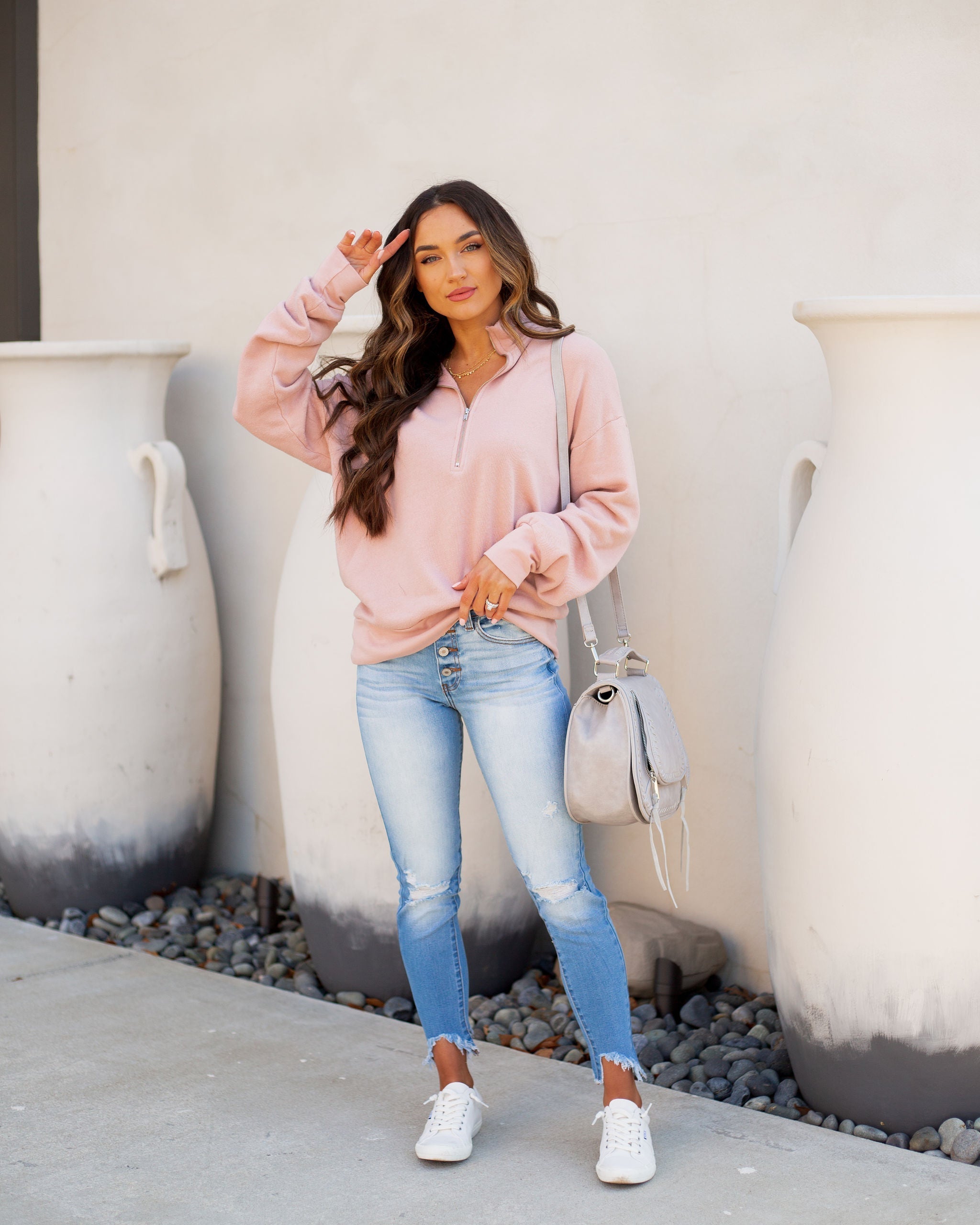 Nixie Cotton + Modal Half Zip Pullover - Light Clay