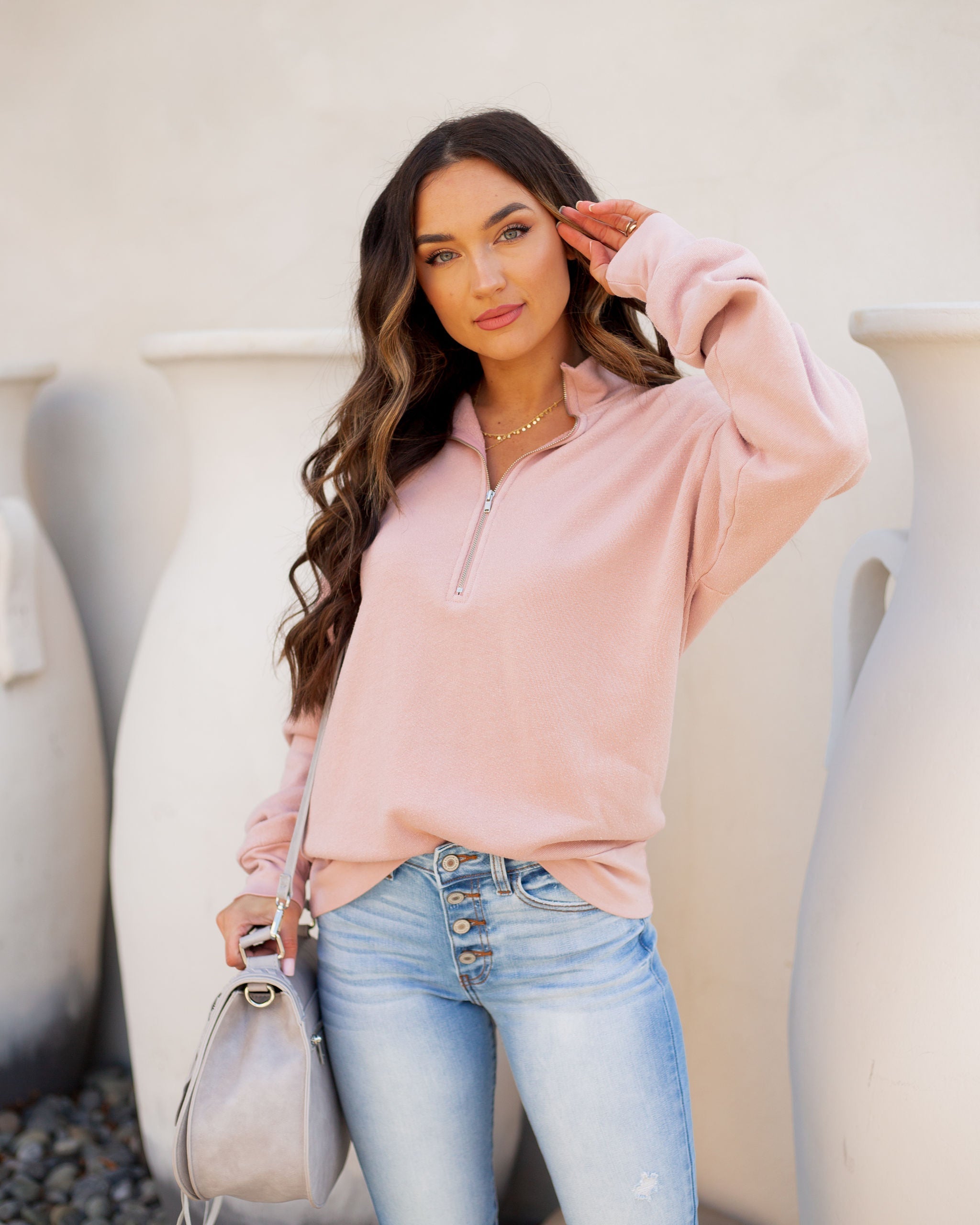 Nixie Cotton + Modal Half Zip Pullover - Light Clay