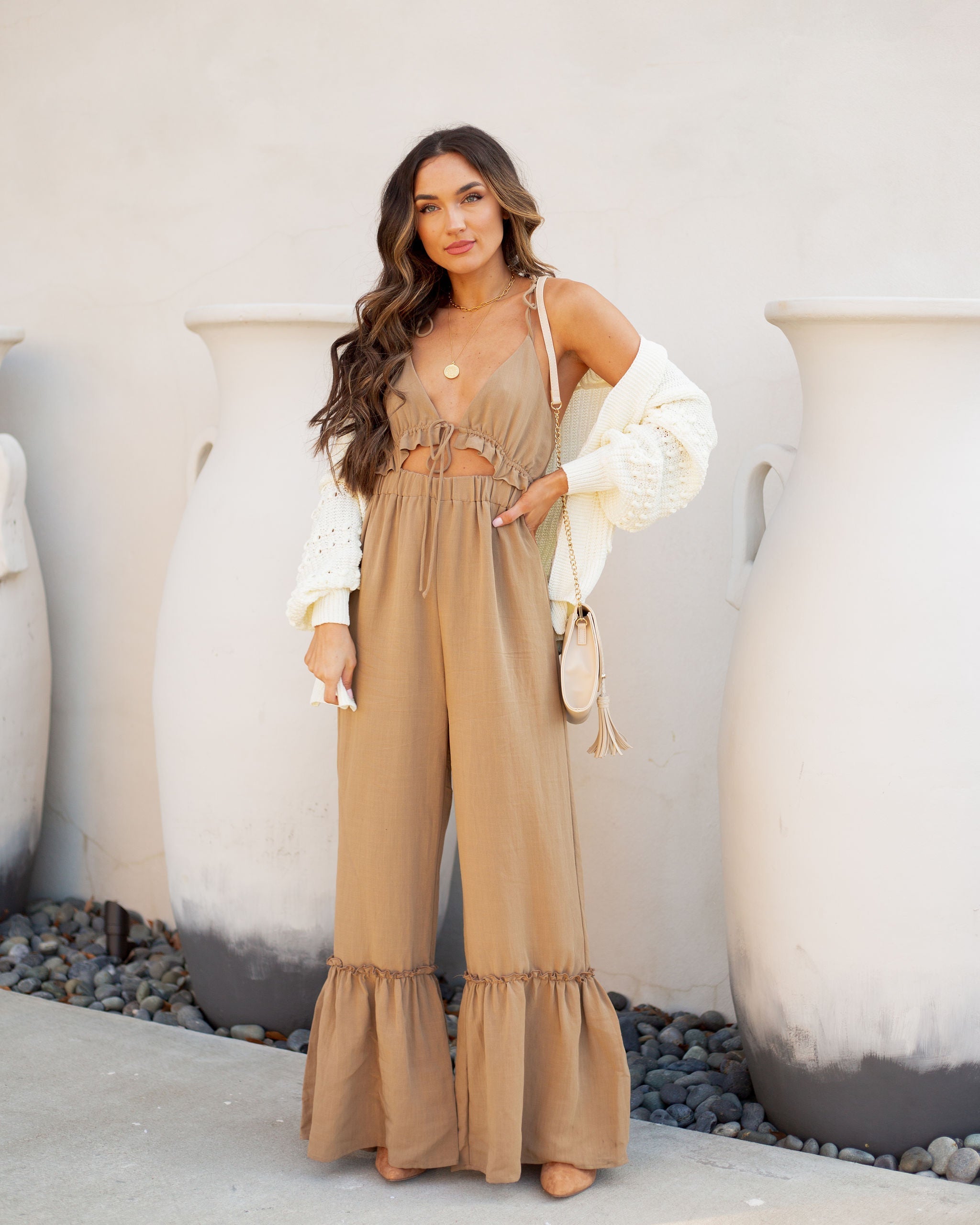 Give A Little Cutout Ruffle Tie Jumpsuit