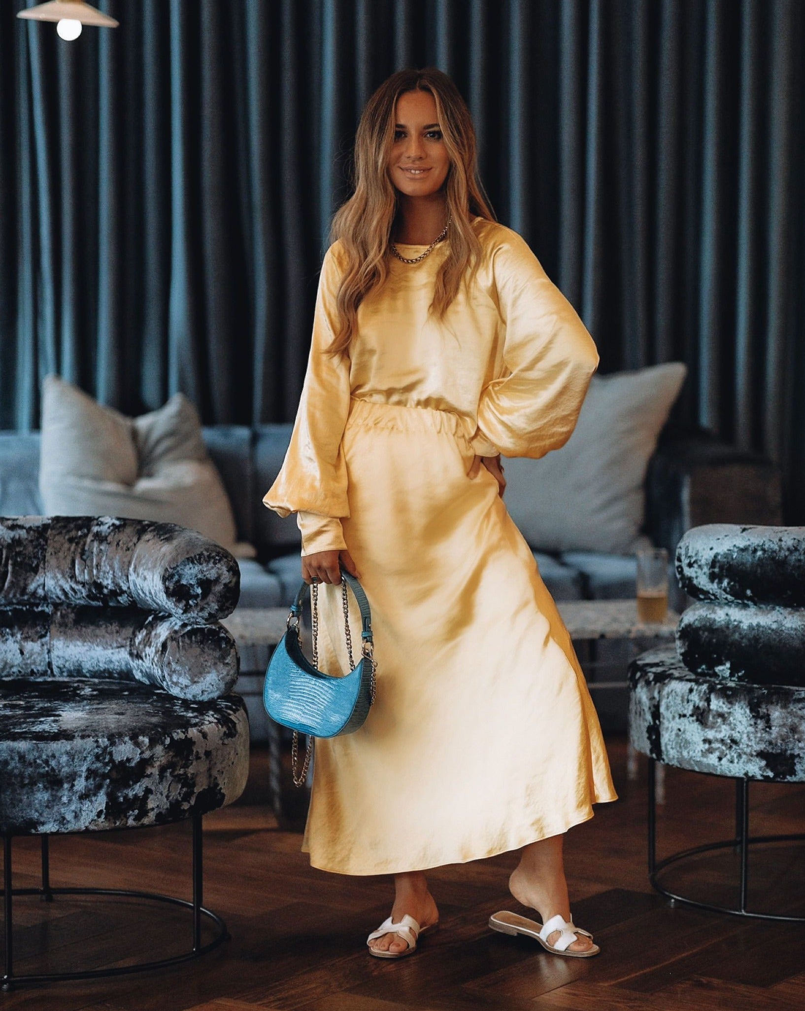 Naya Satin Midi Skirt - Yellow